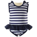 Breton Navy Stripe Lycra One Piece Swimsuit with Ruffle