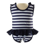 Breton Navy Stripe Lycra One Piece Swimsuit with Ruffle