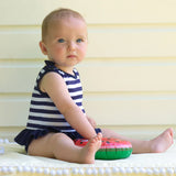 Breton Navy Stripe Lycra One Piece Swimsuit with Ruffle