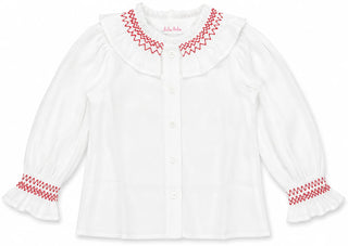 Lulu Bebe Liz White/Red Smocked Ruffled Collared Blouse