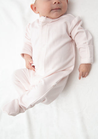 Bei Bei puff sleeve bamboo snap romper in petal pink stripes, additional view
