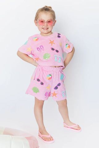 Light Pink Beach Sequin 2Pc Terry Cloth Short Set