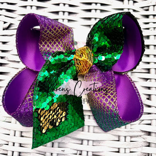 Mardi Gras Glitter Mesh Flip Reversible Sequin Tail Hair Bow