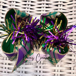 Mardi Gras Glitter Plaid Metallic Hair Bow with Tinsel Trim