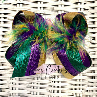 Mardi Gras Metallic Stripes Hair Bow with Feather Boa Trim