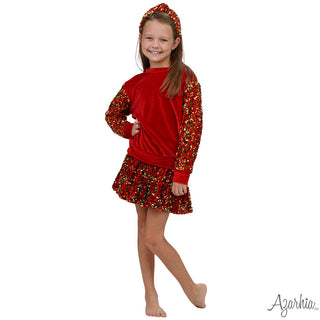 Azarhia Red/Green/Gold Christmas Sequin Velvet Skort