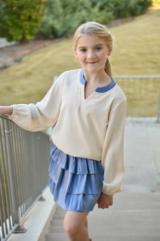Pleat Collection Milly Top - Cream/Blue