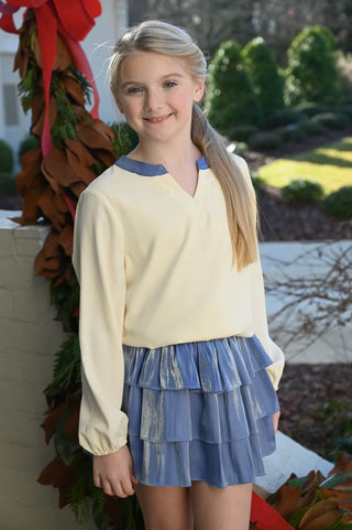 Pleat Collection Milly Top - Cream/Blue