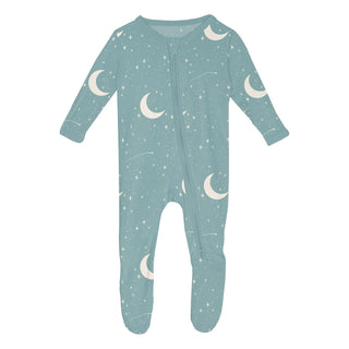 Kickee 2 Way Zipper Footie - Jade Stary Sky & Moon
