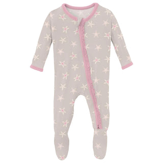 Kickee Print Layette Ruffle 2 Way Zipper Footie - Latte Starfish