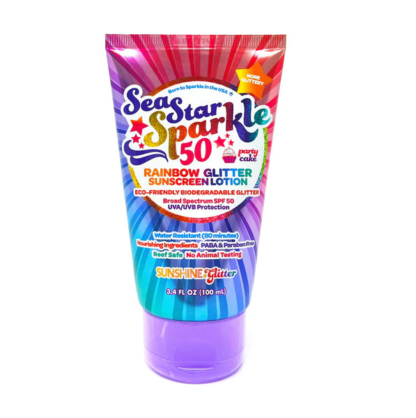 3.4oz Sea Star Sparkle: RAINBOW Glitter SPF 50 Sunscreen Lotion