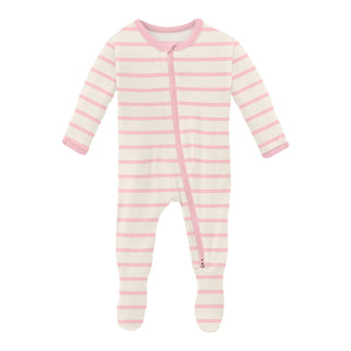 Kickee Print Footie with 2 Way Zipper - Lotus Sweet Stripe
