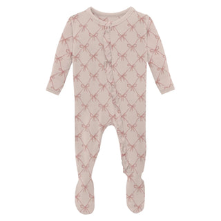 Kickee Print Layette Ruffle 2 Way Zipper Footie - Shrinking Violet Bows
