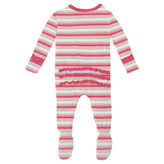 Kickee Muffin Ruffle 2 Way Zipper Footie - Baby Rose Stripe