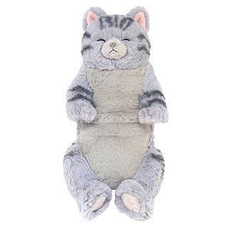 Sunlemon sleeping lap cat plush, size M, sabashiro silver tabby and white