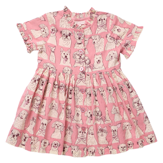 Girls Autumn Dress - Pink Sketched Dogs