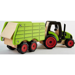 Wooden toy tractor trailer with hay fence and opening tailgate