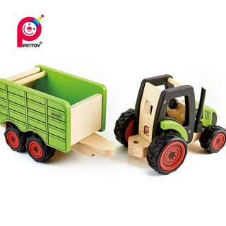 PINToy wooden tractor with trailer for kids ages 3 and up