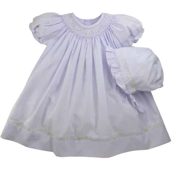 fitted lace wedding dress Petit Ami Lavender Smocked Bishop Dress with Puff Sleeve and Voile Insert 12M
