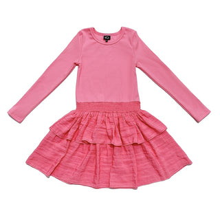 Little Olin Pink Long Sleeved Dress with Tiered Ruffle Skirt