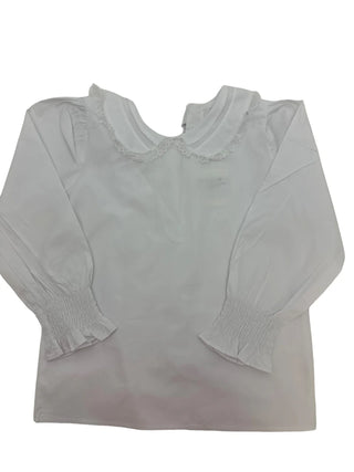 A white long-sleeved blouse with a Peter pan collar and lace trim, featuring shirred cuffs and a tie back.