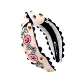 Brianna Cannon Pink Cross-Stitch Halloween Headband with Embroidered Pumpkins