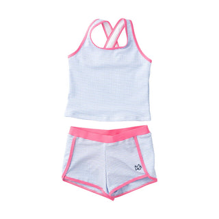 Prodoh Girls Seaside Tankini Set Blue Seersucker with Pink Trim