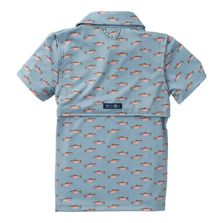 A light blue short-sleeve collared shirt with an allover pattern of rainbow trout, shown from the back on a white background. A small dark blue brand label reading 'PRODOH' is visible at the center back.