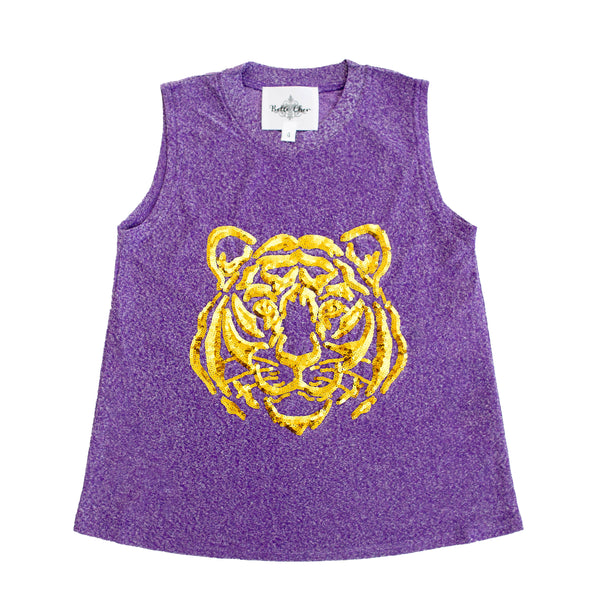 Belle Cher Tiger Face Purple Glitter Tank Top