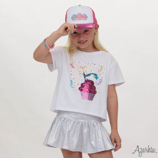 Azarhia Cupcake Birthday Sequin on White Boxy Gold Shimmer Trim Tee