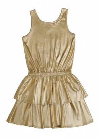 Mia Tiered Lamé Gold Metallic Sleeveless Dress