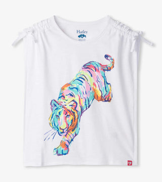 White Cinched Shoulder Tiger Top