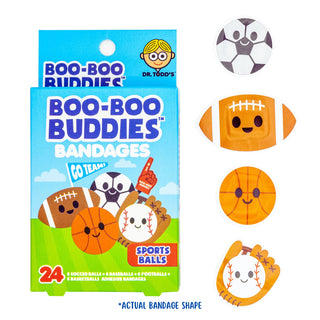 Boo-Boo Buddies bandages packaging with sports ball designs on a white background