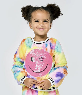 Hannah Banana Faux Fur Cloud Print Top w/ Sequin Happy Face Patch