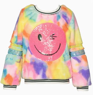 Hannah Banana Faux Fur Cloud Print Top w/ Sequin Happy Face Patch