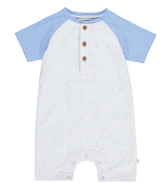 Me & Henry Afloat Raglan Block Henley Romper Grey Blue