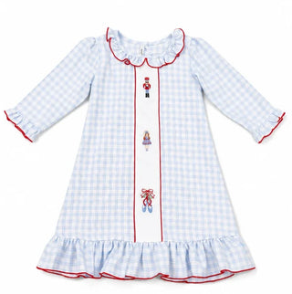 Sweet Dreams girls' blue plaid nightgown with embroidered nutcracker