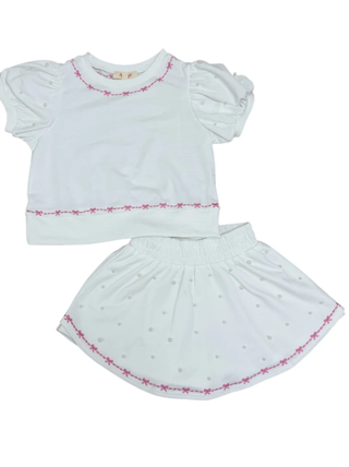 Bow & Pearl Puff Sleeve Terry Top and shorts set