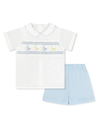 Lullaby Set Noah Ribbon Short Set - Blessings White, Beaumont Blue