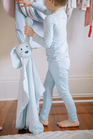 Mini Stripe Dog Lovey + Paci Clip - Dusty Blue