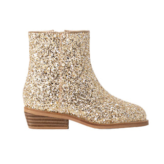 Gold glitter ankle boot on a white background
