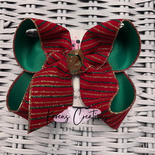 Christmas Velvet Glitter Stripes Hair Bow - Jumbo