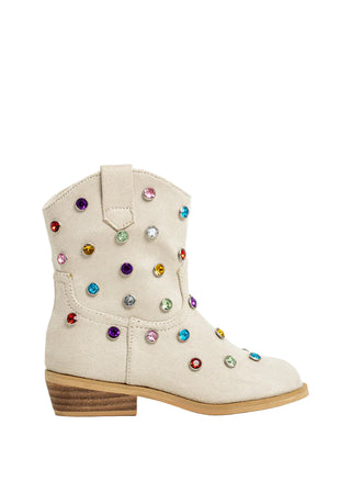 Beige cowboy boot with colorful gemstones on a white background