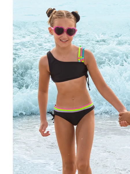 Limeapple 2Pc One Shoulder Tri-Color Strap Bikini