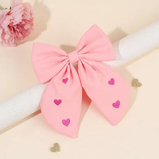 Pink Bow Streamer Hair Clip with Embroidered Hearts