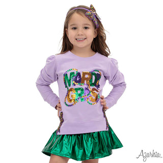 Azarhia Mardi Gras Beads and Bows Lavender Holly Top