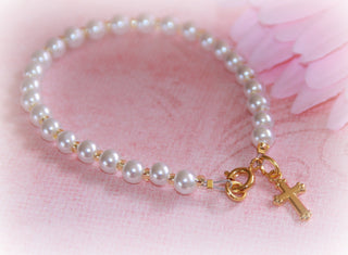 Baby Bracelet Glass Pearls infant size 4 1/2" Gold Finish