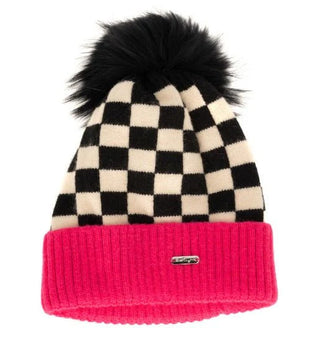 Bari Lynn Checkered Beanie with Faux Fur Pom Pom