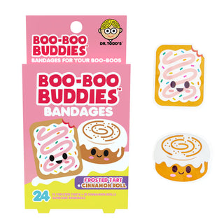Pack of Dr. Todd's Boo-Boo Buddies bandages with frosted tart and cinnamon roll designs on a pink background.