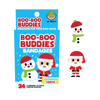 Boo-Boo Buddies bandages packaging with Santa and Snowman designs on a blue background